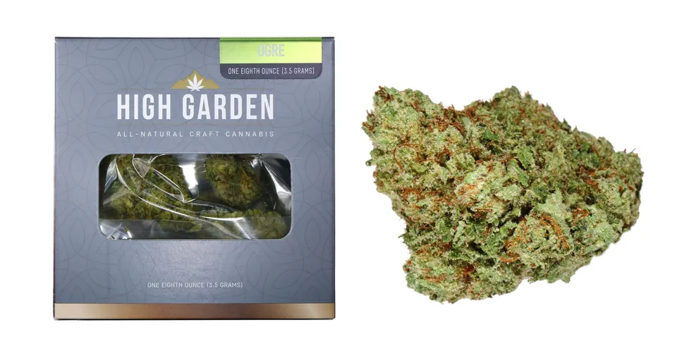 High Garden cannabis product box beside a green-orange marijuana bud