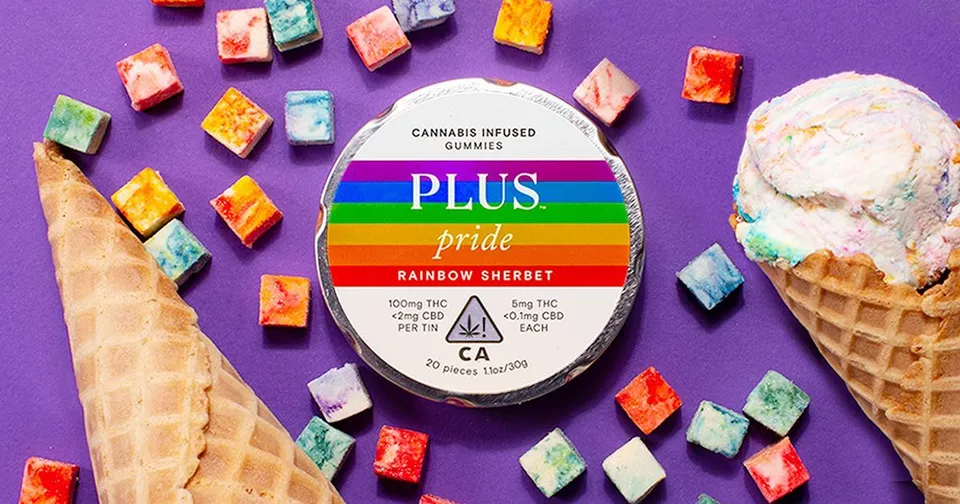 Ice cream pint labeled “PLUS” with rainbow sprinkles