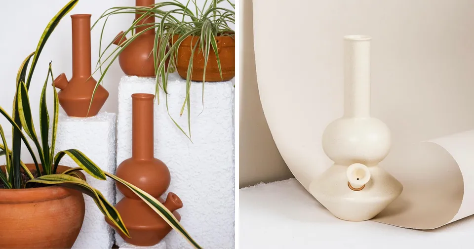 Two minimalist vase arrangements with terracotta and white ceramic vases, paired with houseplants.