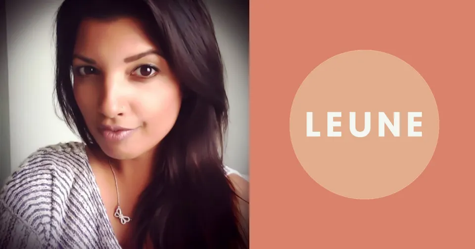 Portrait of a woman beside a peach circle logo reading “LEUNE”