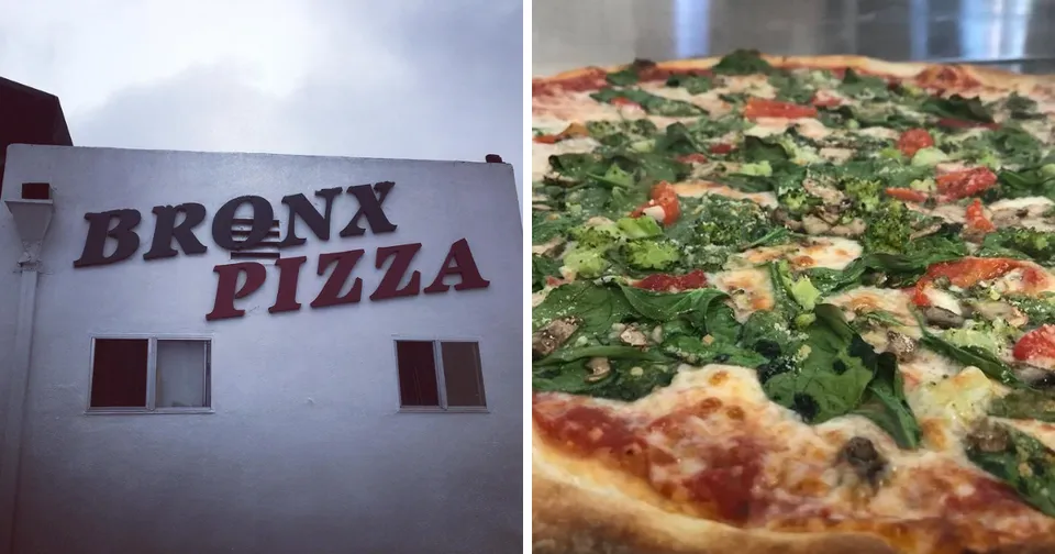 Bronx Pizza storefront beside a close-up of a veggie pizza topped with greens and cheese