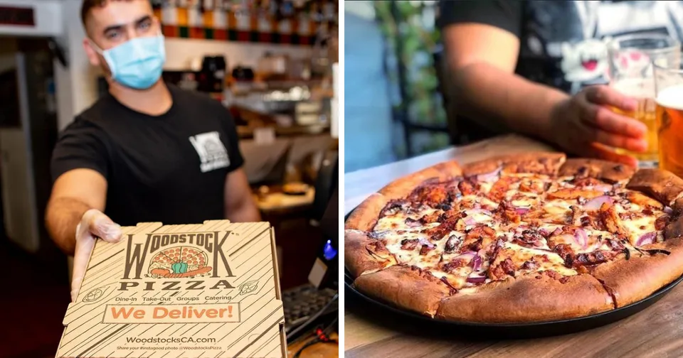 Masked worker handing over pizza box; close-up of pizza with a drink in the background.