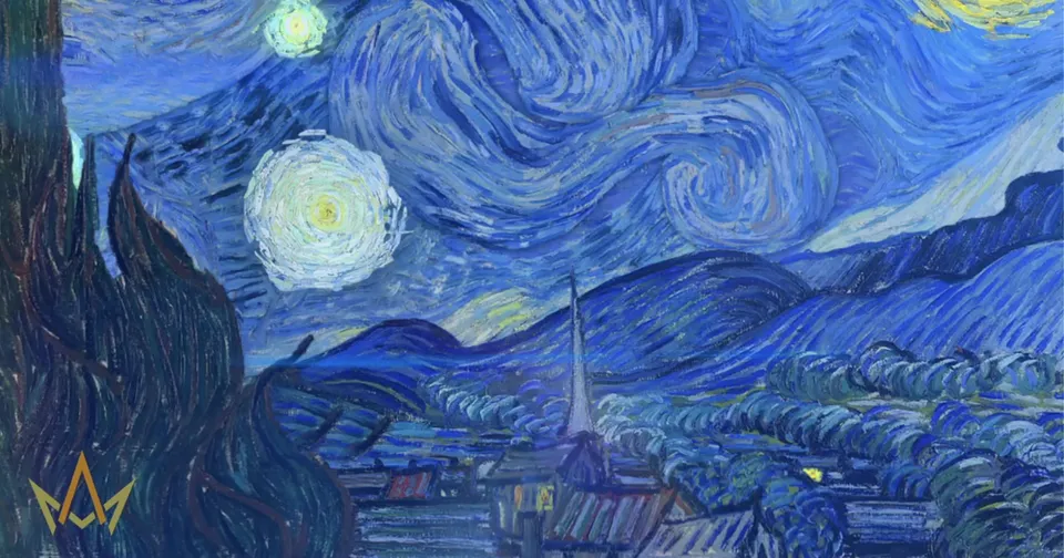 Van Gogh’s Starry Night: swirling blue sky over a village with glowing moon and stars