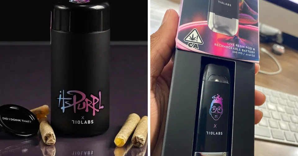 Black bottle of Purple shampoo with matching box, shown on a tabletop and held in a hand.