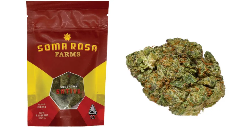 Soma Rosa Farms cannabis package beside a green marijuana bud on a white background