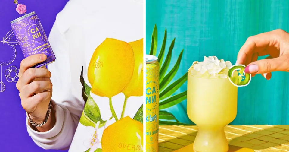 Two-panel ad: purple can beside yellow lemon drink, and hand adding lime to a yellow cocktail with leaves.