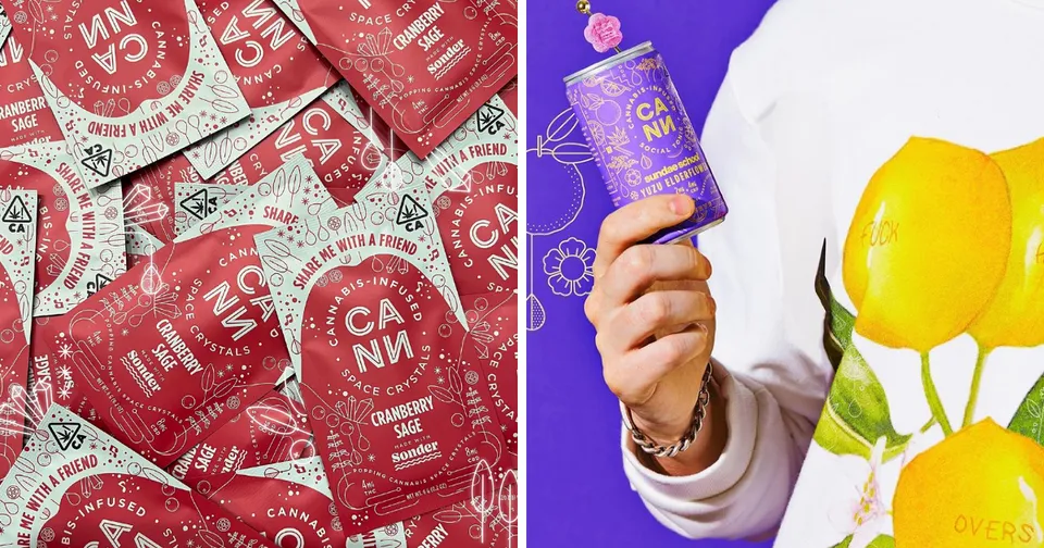 Two product shots: red patterned packaging and a hand holding a purple can beside yellow lemons