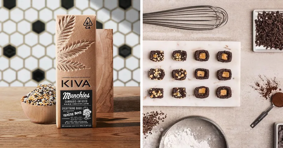 Kiva coffee packaging with beans, brewed drink, whisk, tray of pastries, and coffee grounds on a tiled tabletop