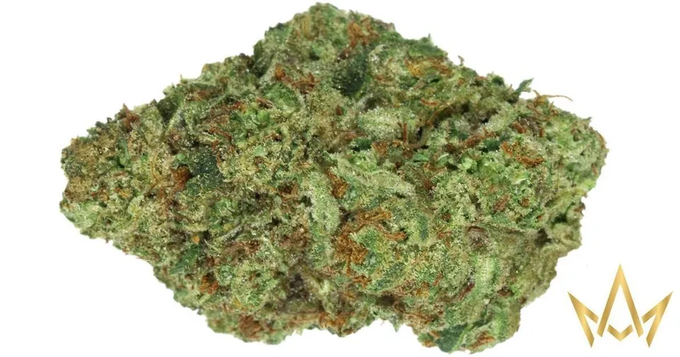 Close-up of a green cannabis bud on a white background, with a gold logo in the corner