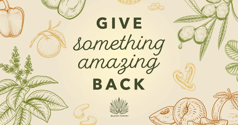 Floral beige poster with green text reading “Give something amazing back”